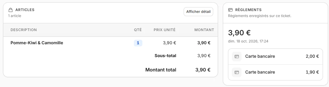 Le détail d'un ticket : l'article vendu et deux règlements par carte.