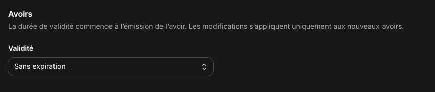 La validité des avoirs réglée sur Sans expiration.