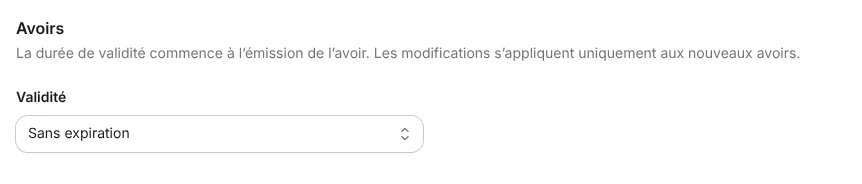 La validité des avoirs réglée sur Sans expiration.