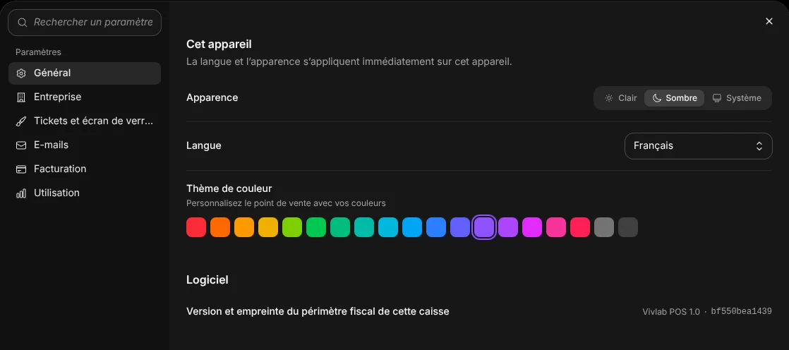 La section Général : apparence, langue, thème de couleur et version du logiciel.