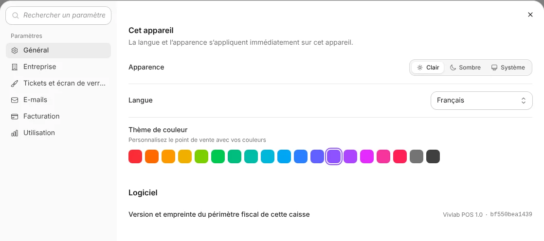 La section Général : apparence, langue, thème de couleur et version du logiciel.