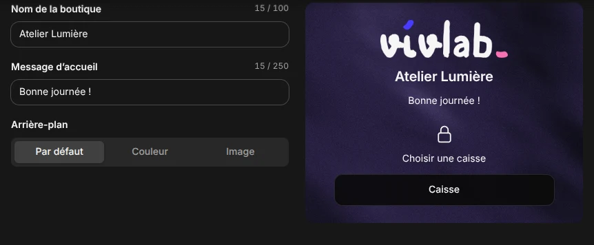 Le nom de la boutique et le message d'accueil, avec l'aperçu de l'écran de verrouillage.