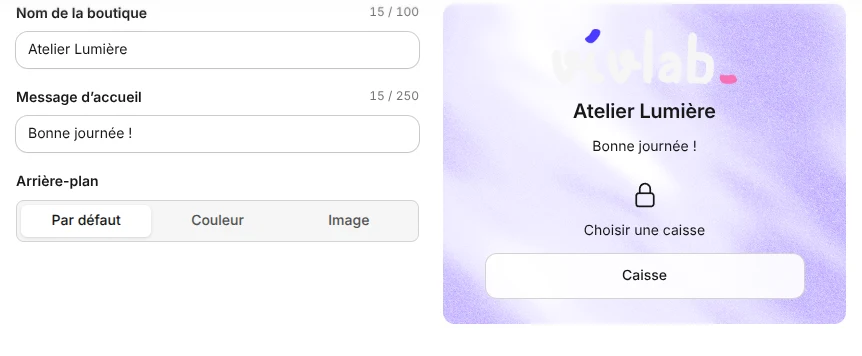 Le nom de la boutique et le message d'accueil, avec l'aperçu de l'écran de verrouillage.