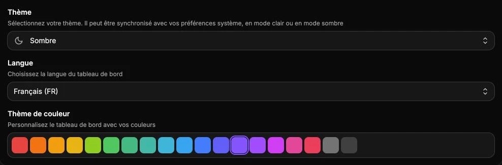 Les réglages du thème, de la langue et de la couleur du tableau de bord.