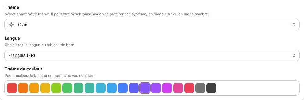 Les réglages du thème, de la langue et de la couleur du tableau de bord.