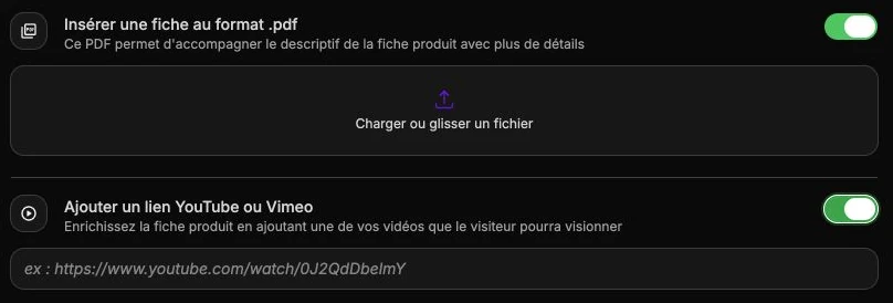 Les champs pour joindre une fiche PDF et ajouter une vidéo au produit.