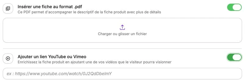Les champs pour joindre une fiche PDF et ajouter une vidéo au produit.