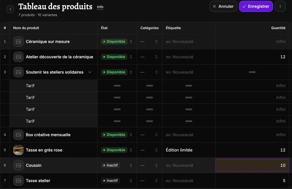 Le stock du coussin modifié directement dans le tableau des produits.