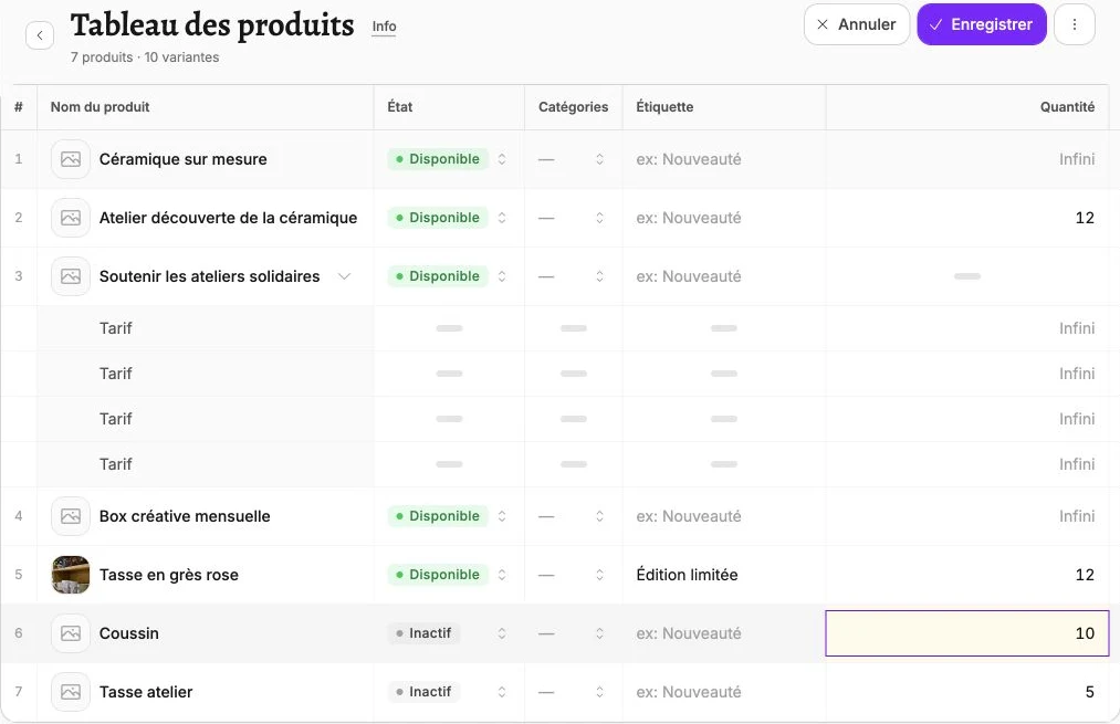 Le stock du coussin modifié directement dans le tableau des produits.