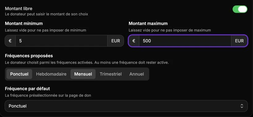 Un montant libre entre 5 et 500 €, avec les fréquences Ponctuel et Mensuel activées.