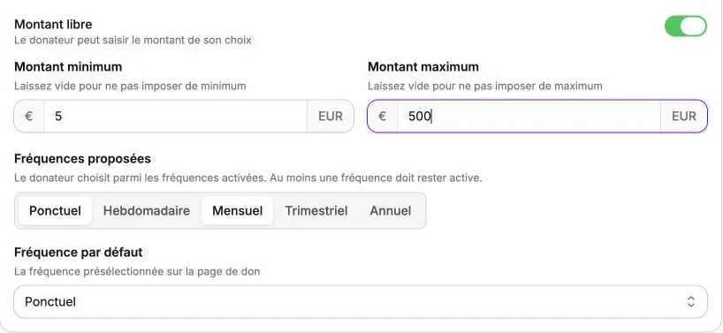 Un montant libre entre 5 et 500 €, avec les fréquences Ponctuel et Mensuel activées.