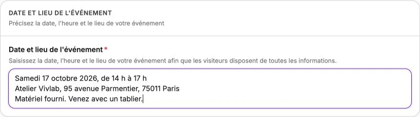 La date, les horaires et l’adresse d’un atelier renseignés sur sa fiche.