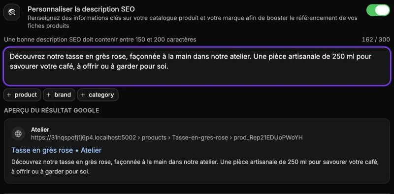 Une description SEO personnalisée et son aperçu dans les résultats Google.