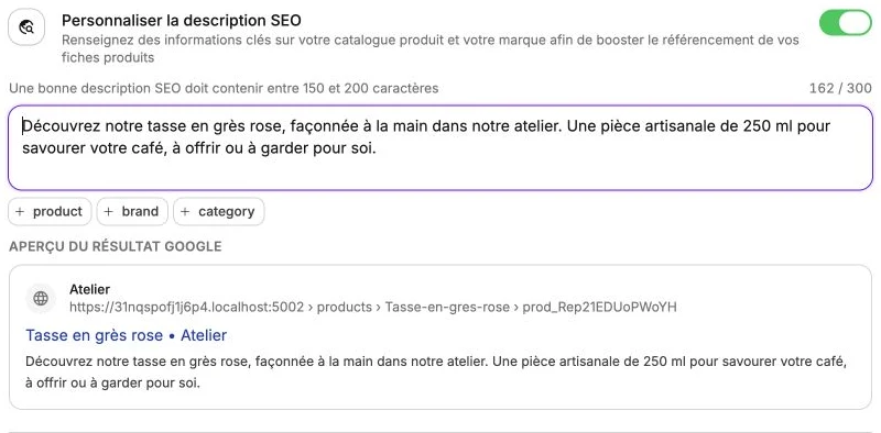 Une description SEO personnalisée et son aperçu dans les résultats Google.
