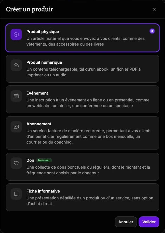 Les six types de produit proposés à la création.