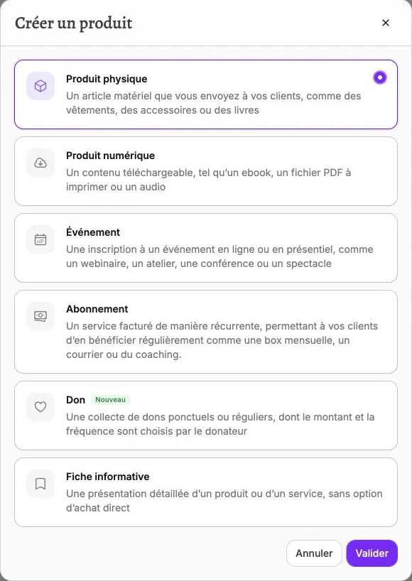 Les six types de produit proposés à la création.