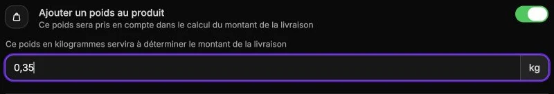 Un poids de 0,35 kg utilisé pour calculer la livraison.