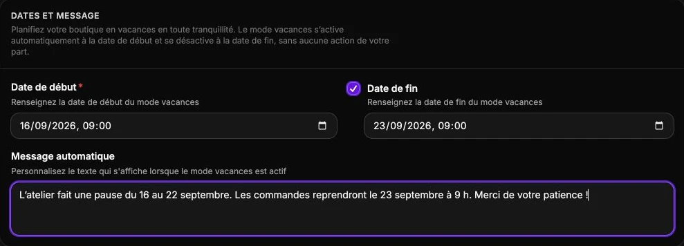 Une pause du 16 au 22 septembre, avec réouverture le 23 septembre et message aux clients.