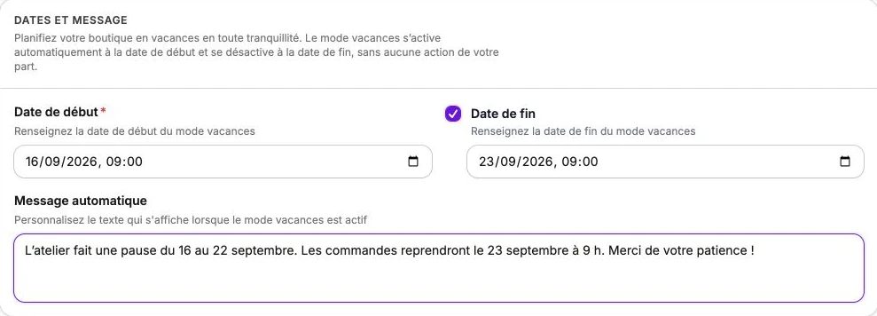 Une pause du 16 au 22 septembre, avec réouverture le 23 septembre et message aux clients.